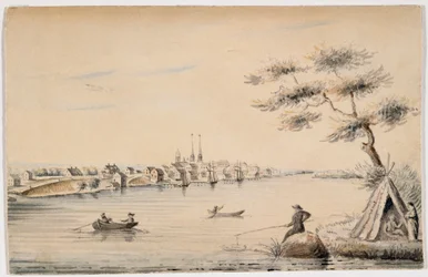 Detroit Kanadan rannalta katsottuna vuonna 1821 (musta muste ja wc kynällä paperilla)